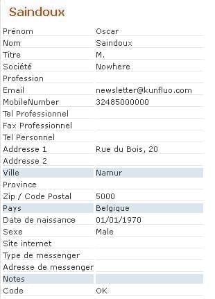 Liste des champs de contact