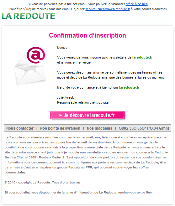 Email de bienvenue à la newsletter de La Redoute