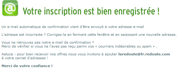 Confirmation de l'inscription via le formulaire de Newsletter "Light"