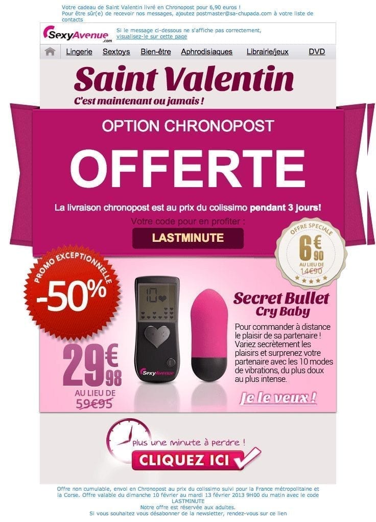 Sexy Avenue : Option Chronopost offerte sur votre colis de Saint Valentin!