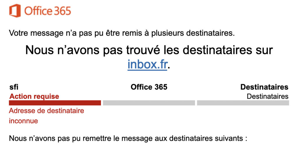 Capture d'un e-mail renvoyé par Office 365
