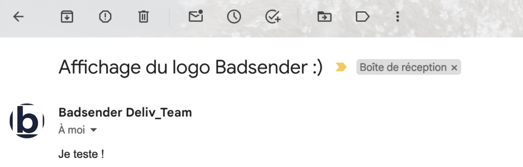 Affichage du logo de Badsender dans l'inbox de Gmail.
