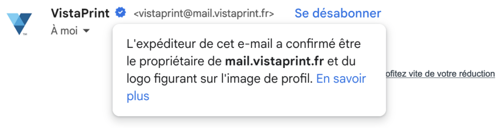 BIMI visible sur l'e-mail de VistaPrint