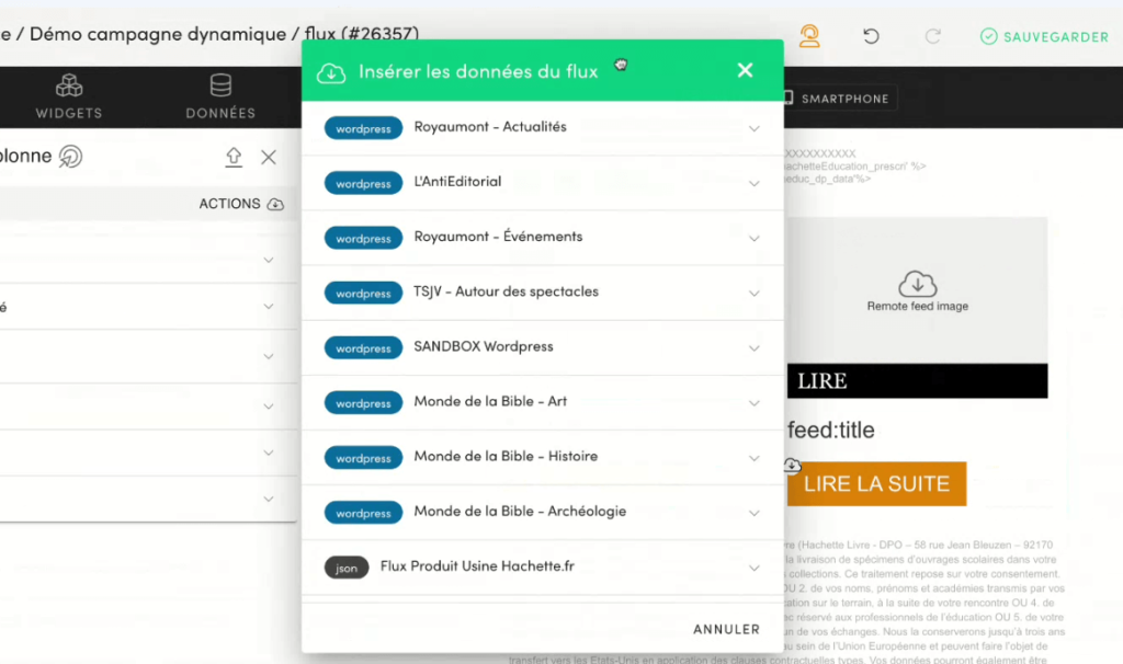 Source de données et flux de contenus dans Mailrose Place