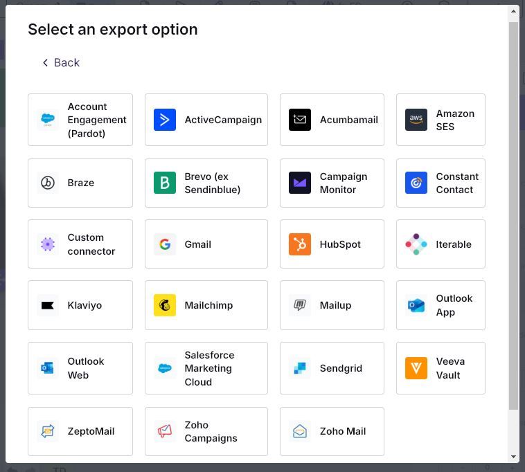 List of connectors available from the Beefree email builder