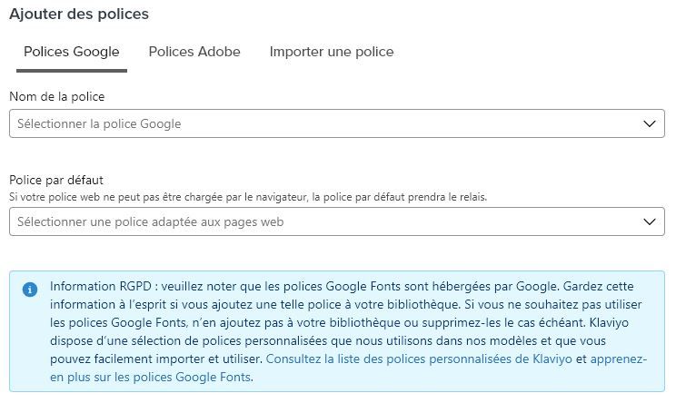 Klaviyo choix de google font