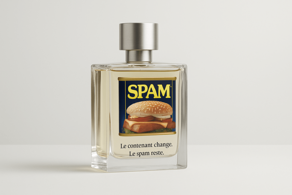 Illustration fictive d'un spam déguisé dans un nouveau flacon