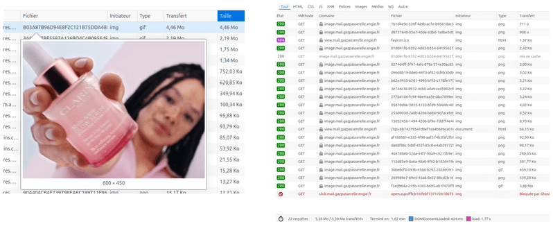 gif animé de plus de 4 mégo octet et exemple d'email avec 22 requêtes pour 5Mo téléchargé